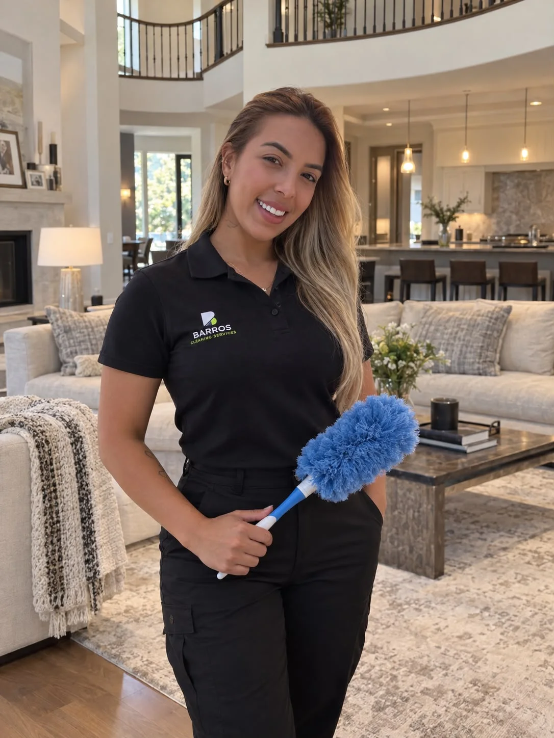 The owner of Barros Cleaning Services with cleaning equipment in a Bay Area home
